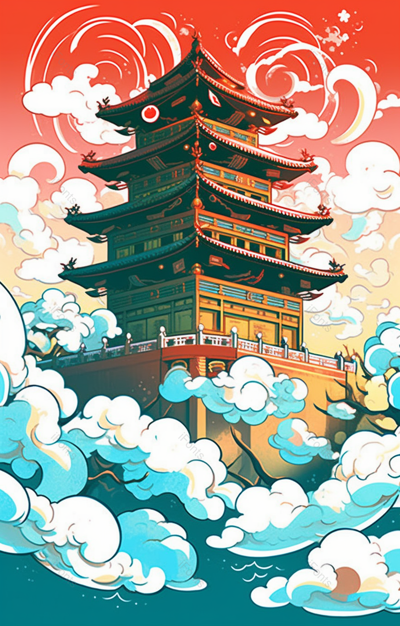 祥云气势磅礴的古建筑国潮中国风建筑插画背景,插画/手绘图,插画/手绘图库,插画/手绘图下载,插画/手绘